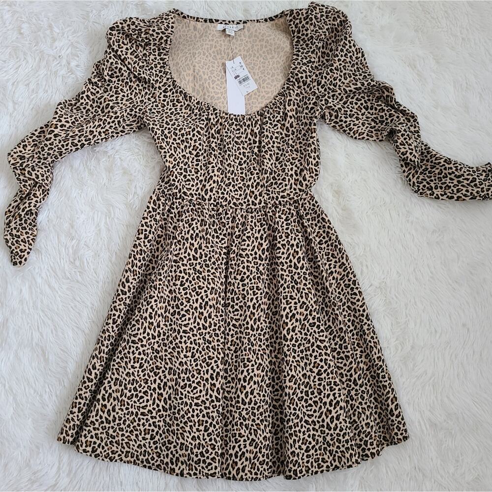 Topshop Leopard Print Long Sleeve Puff Shoulder Mini Skater Dress NWT SZ 4